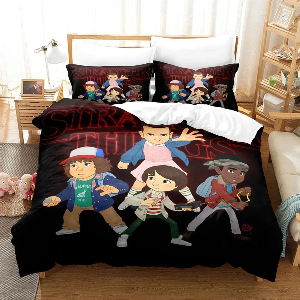 Stranger Things Duvet Cover the Party Cartoon Style on a bed, with matching pillowcases
