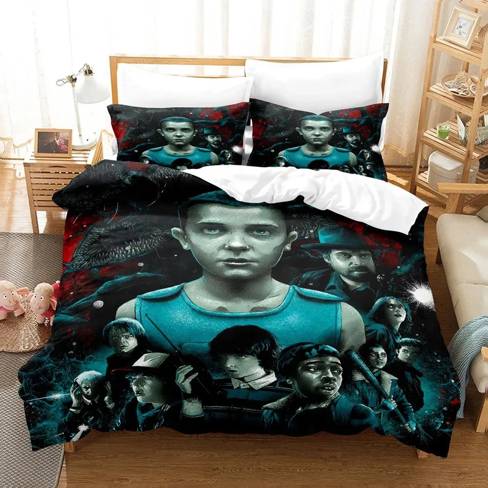 Stranger Things Duvet Cover Season 1 Eleven Poster on a bed, with matching pillowcases