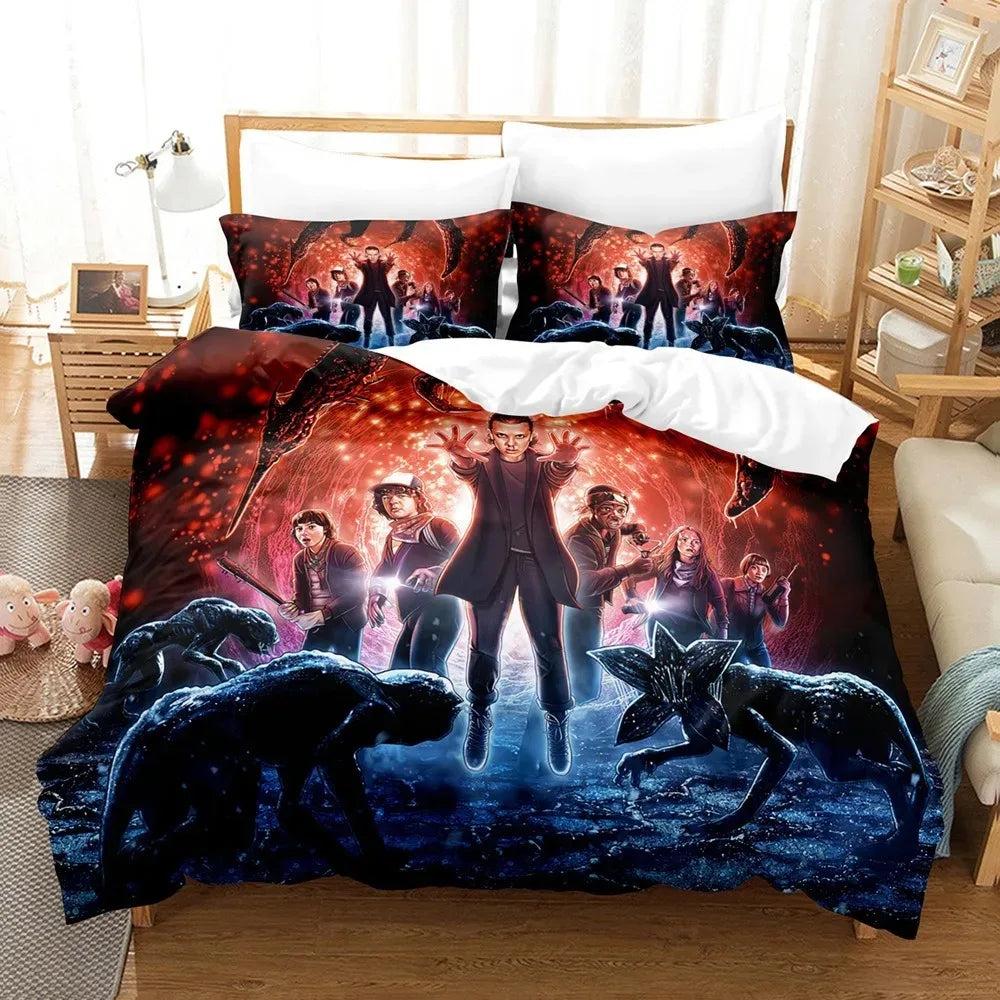 Stranger Things Duvet Cover Season 2 Eleven and the Demodogs on a bed, with matching pillowcases