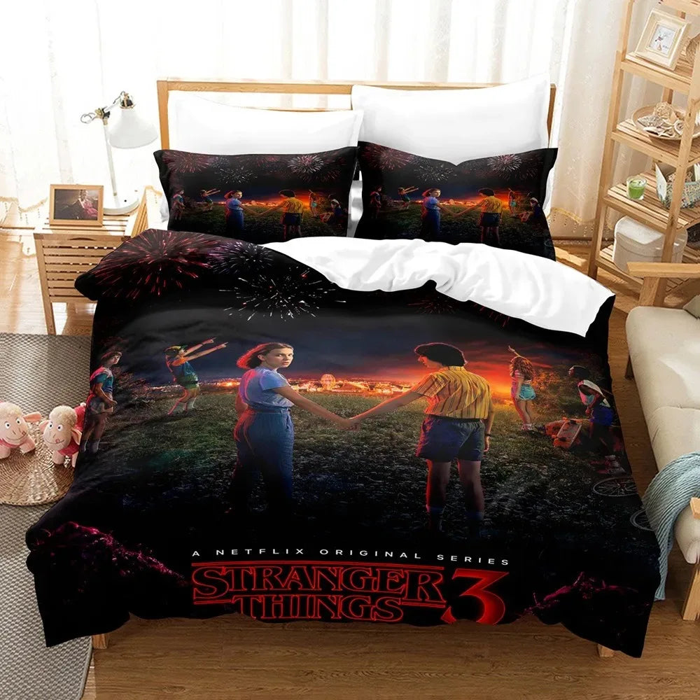 Stranger Things Duvet Cover Season 3 Sunset on a bed, with matching pillowcases