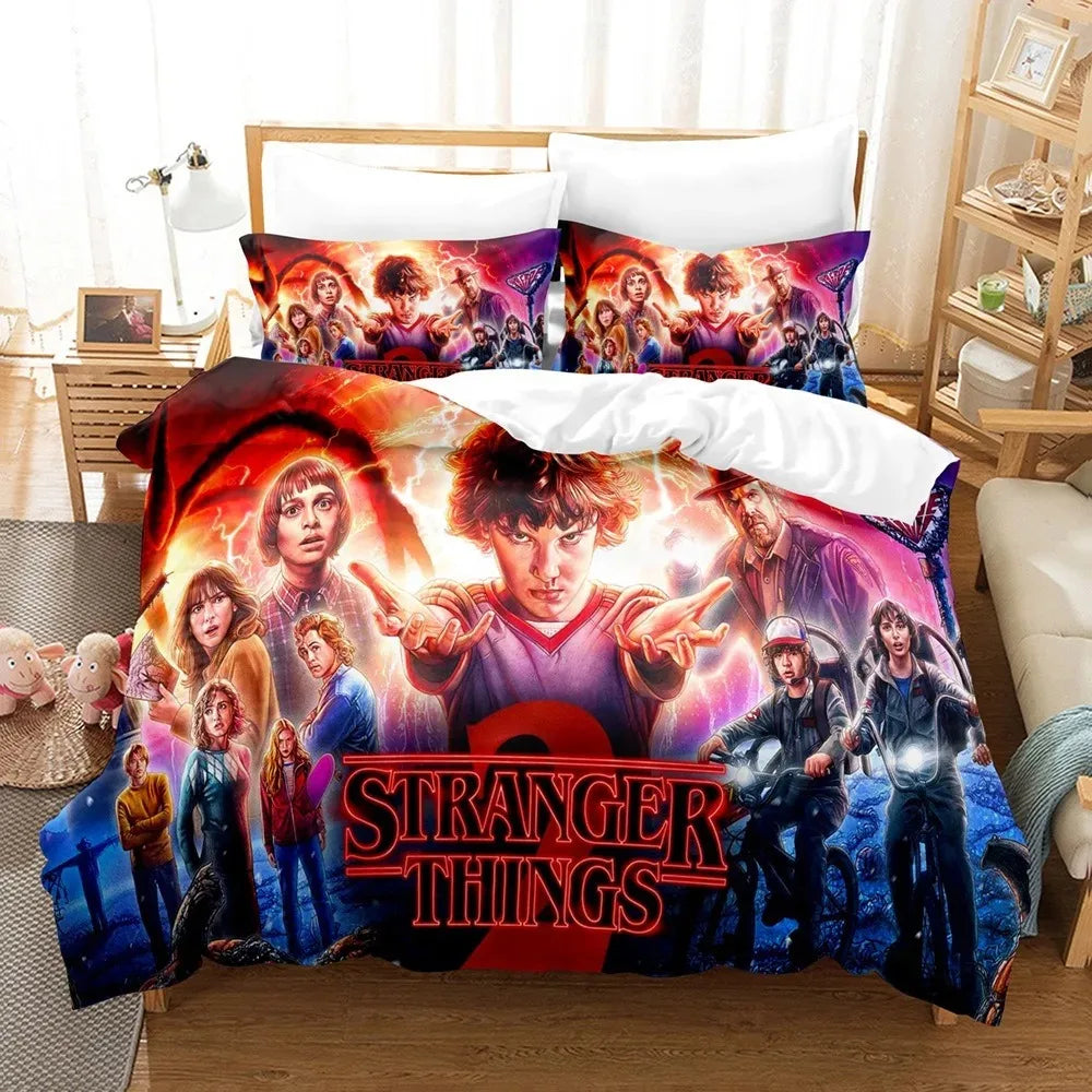Stranger Things Bedding Set Season 2 Illustrated Poster on a bed, with matching pillowcases