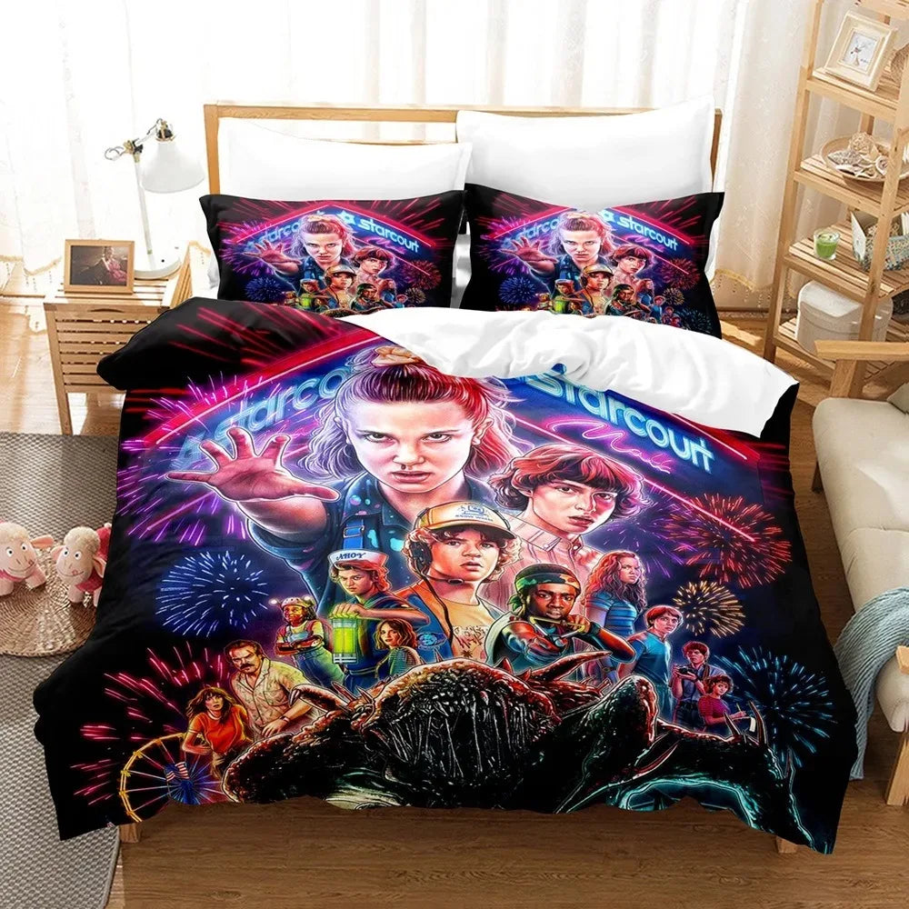 Stranger Things Bedding Set Season 3 Starcourt Neon on a bed, with matching pillowcases