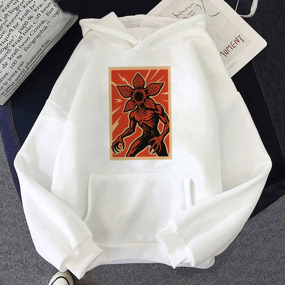 White Stranger Things hoodie Demogorgon poster, design printed on the front
