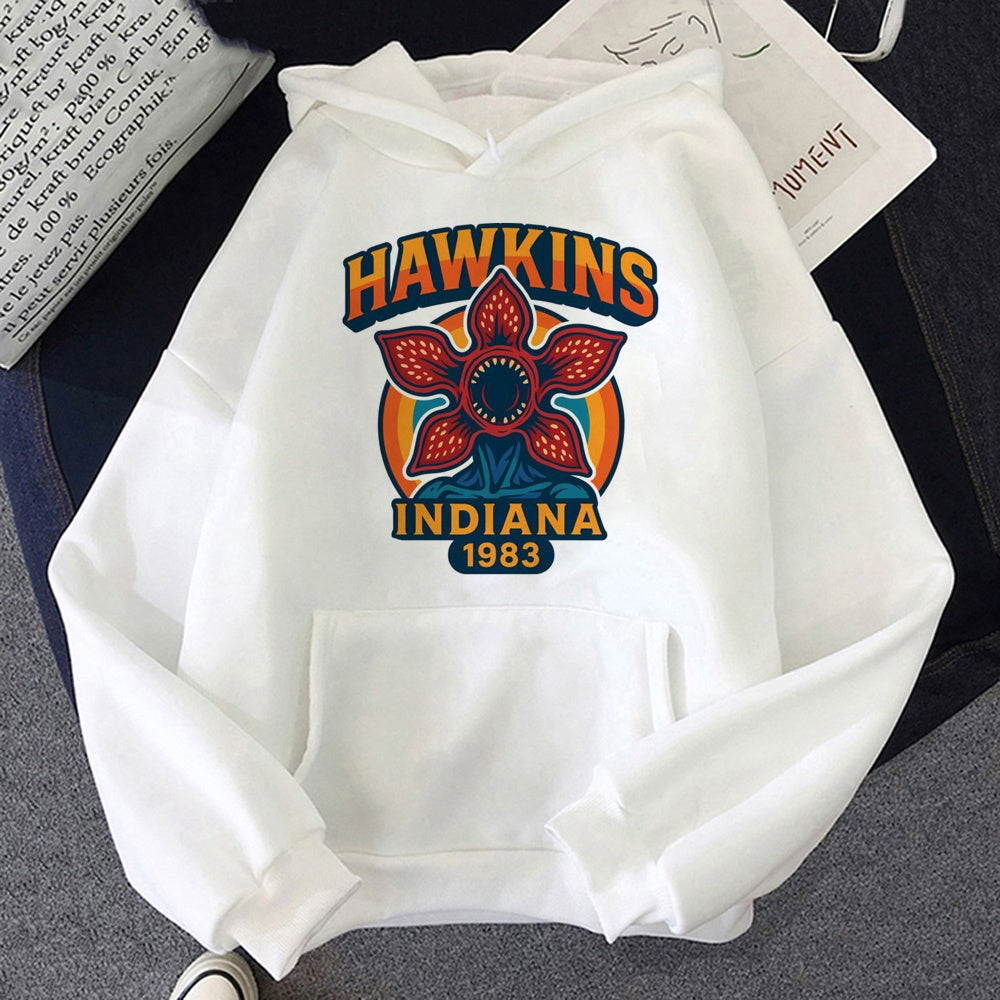 White Stranger Things hoodie Hawkins Indiana 1983, design printed on the front