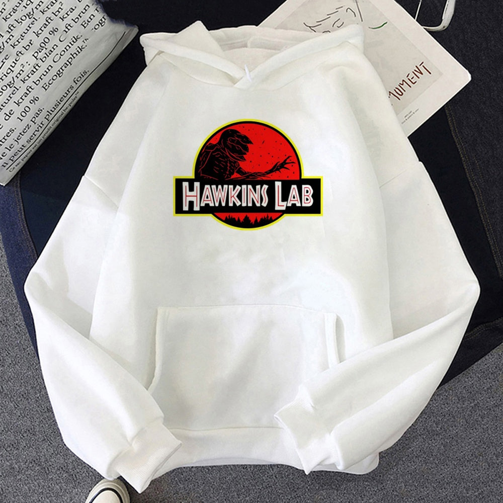 White Stranger Things hoodie Hawkins Lab, design printed on the front