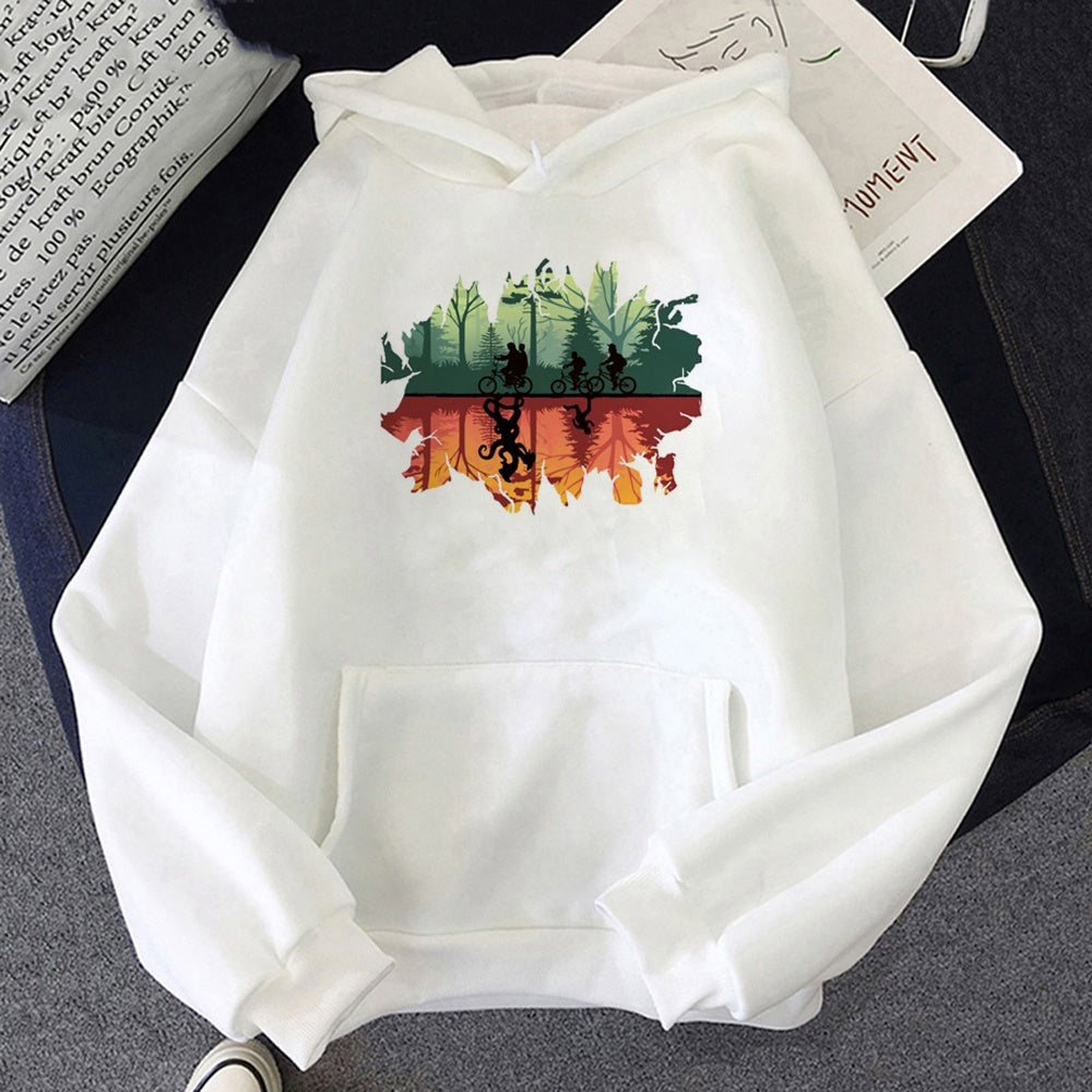 White Stranger Things hoodie bikes and Upside Down forest, design printed on the front