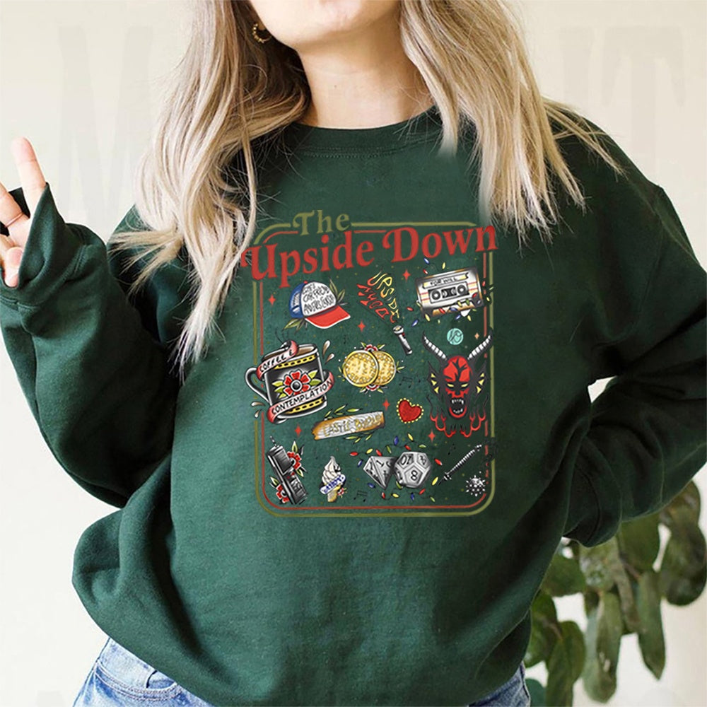 Stranger Things crewneck sweatshirt The Upside Down cult objects dark green, objects from the show as retro tattoos on the front