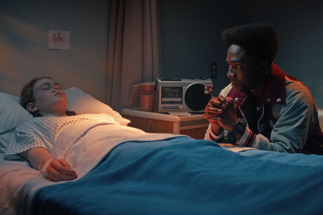 A cassette player on the nightstand, beside the bed, in Stranger Things