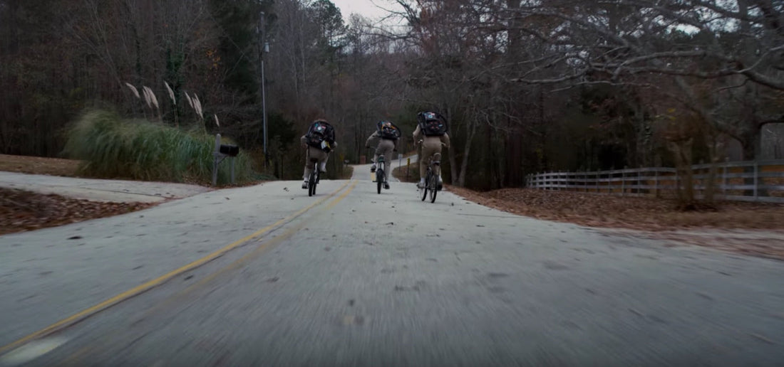 Three cyclists seen from behind, backpacks on, on a road lined with trees