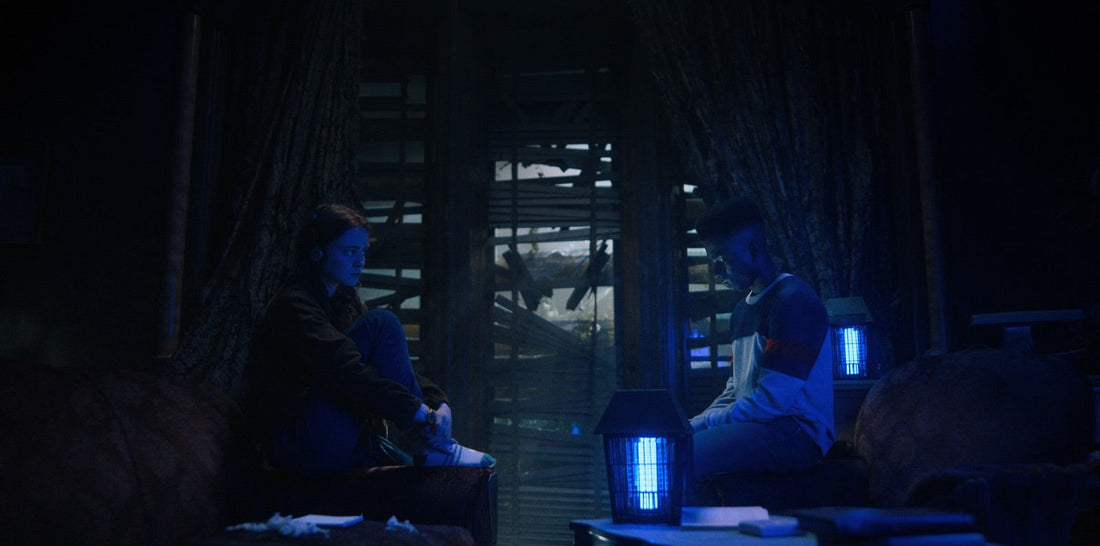 Max and Lucas in the Creel house attic, under a blue light, Stranger Things season 4 episode 9