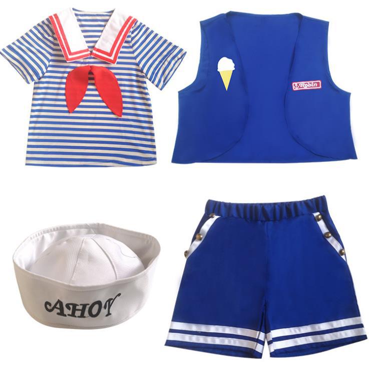 Scoops Ahoy uniform Stranger Things for boys: striped top, vest, shorts and hat