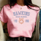 Women's pink T-shirt Stranger Things Hawkins High School 1986