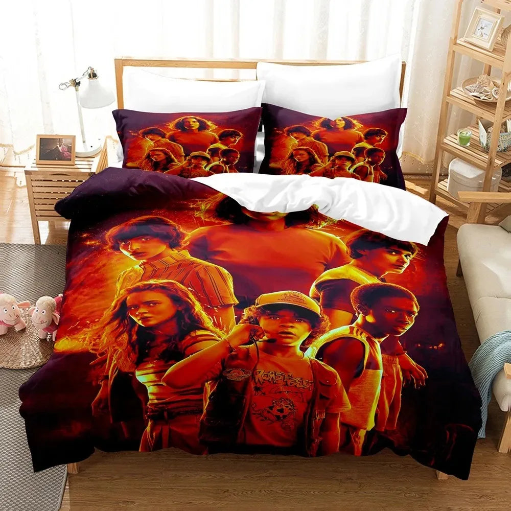 Stranger Things Duvet Cover the Party in Blazing Orange on a bed, with matching pillowcases