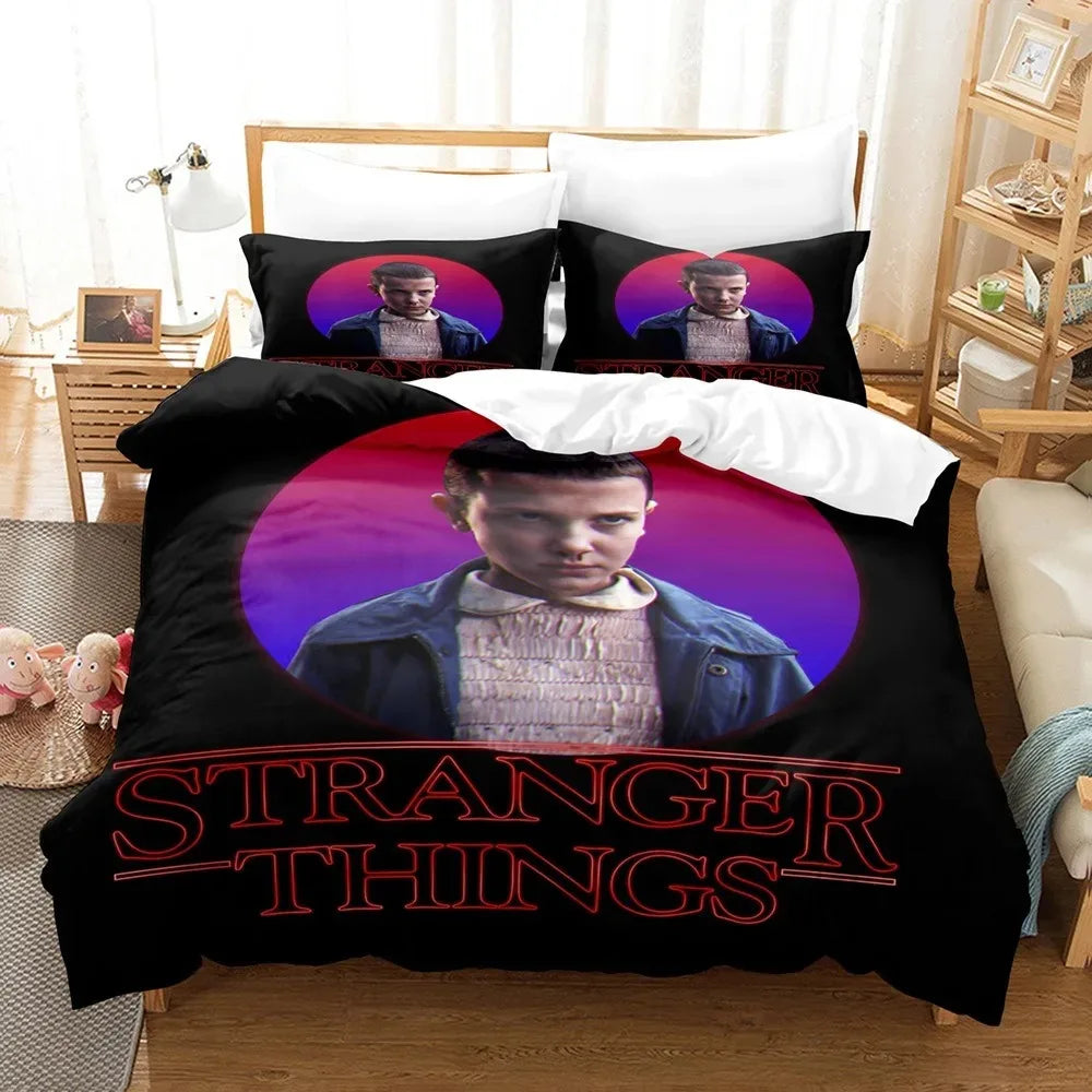 Stranger Things Duvet Cover Eleven Portrait Purple Neon on a bed, with matching pillowcases