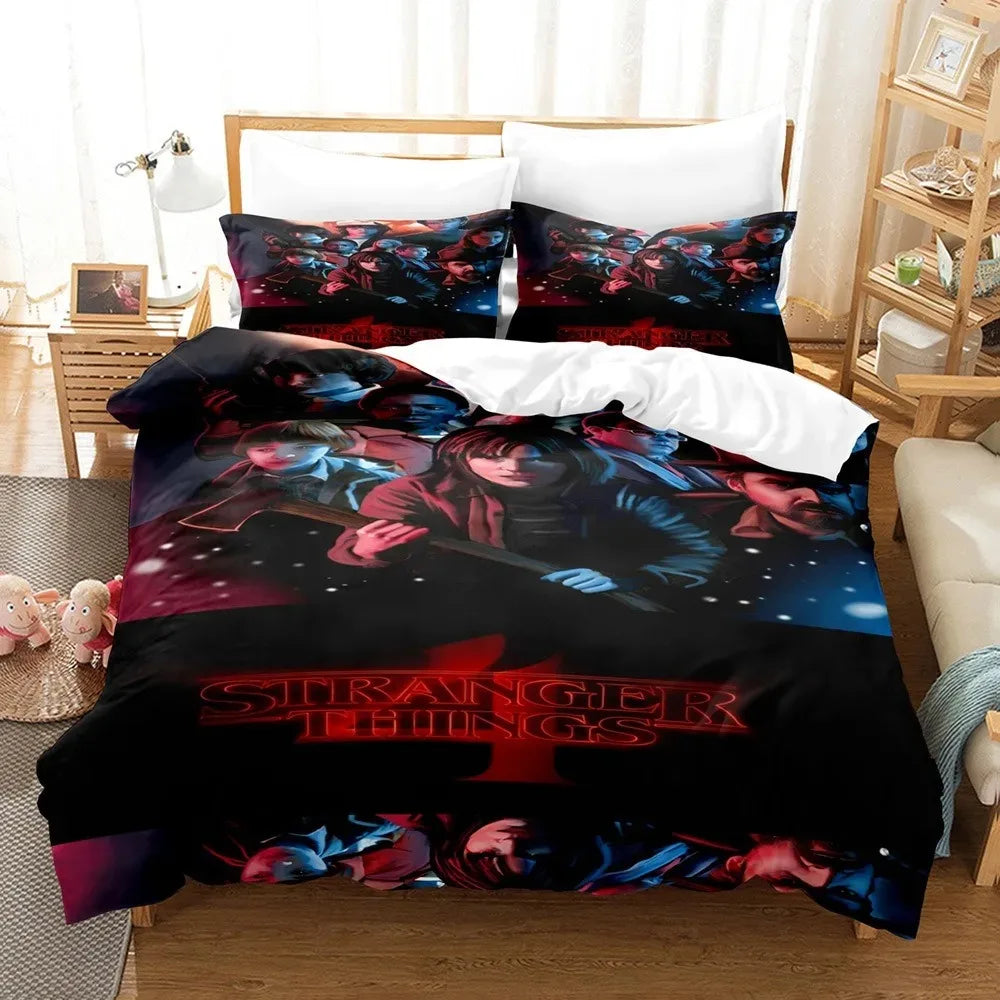 Stranger Things Duvet Cover Season 4 Night Poster on a bed, with matching pillowcases
