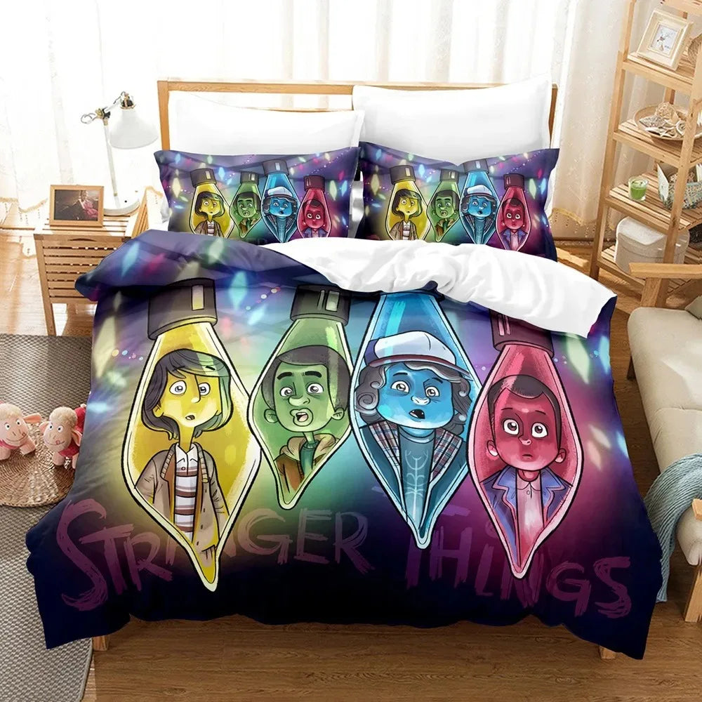 Stranger Things Bedding Set the Party in Christmas Light Bulbs on a bed, with matching pillowcases