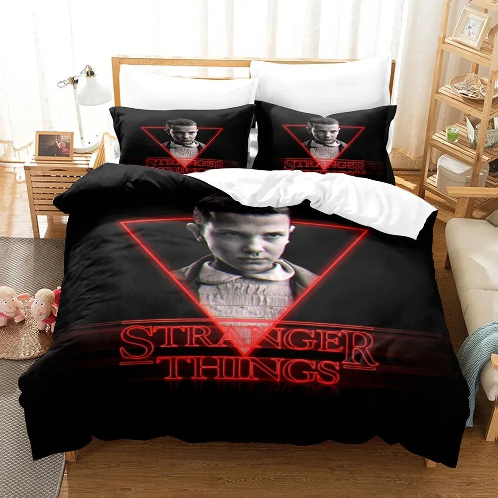 Stranger Things Bedding Set Eleven Season 1 Red Triangle on a bed, with matching pillowcases