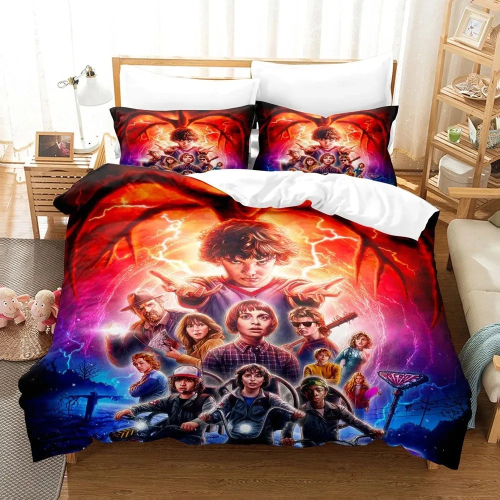 Stranger Things Bedding Set Season 2 Mind Flayer on a bed, with matching pillowcases