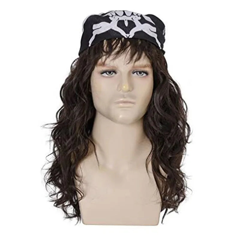 Stranger Things Eddie Munson wig with black bandana with white pattern