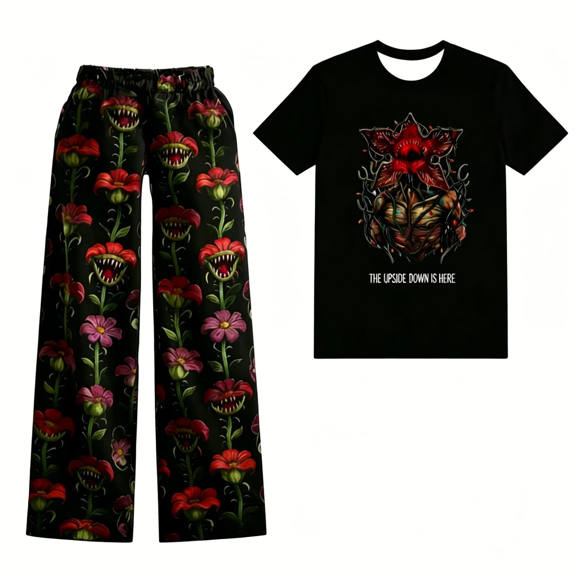 Stranger Things women's pajamas with black floral Demogorgon T-shirt and carnivorous flower pants
