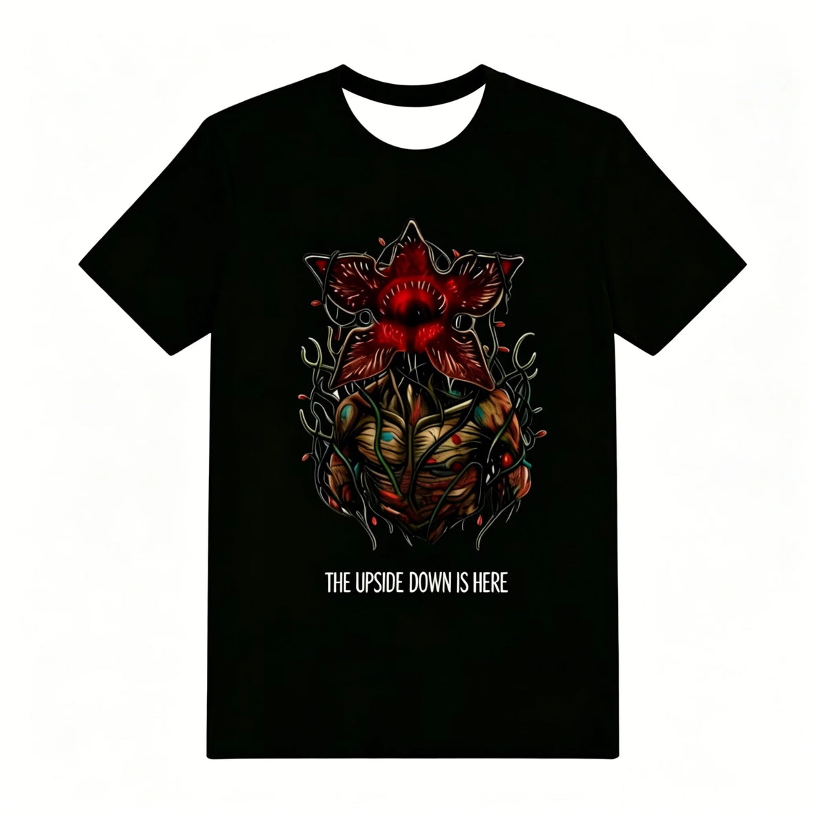 Black T-shirt of the Stranger Things pajamas, floral Demogorgon and The Upside Down Is Here lettering
