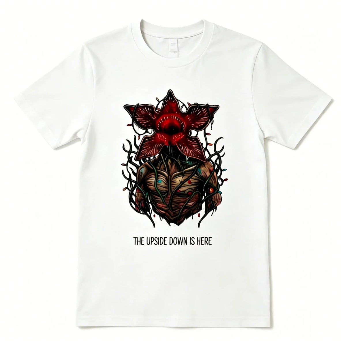 White T-shirt of the Stranger Things pajamas, floral Demogorgon and The Upside Down Is Here lettering
