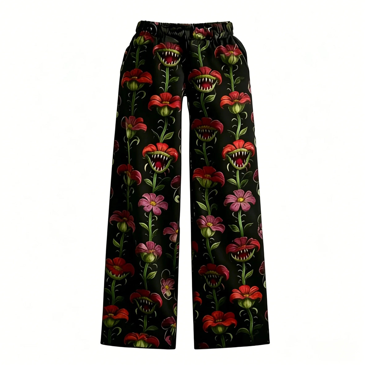 Stranger Things pajama pants with red and pink carnivorous flowers on a black background