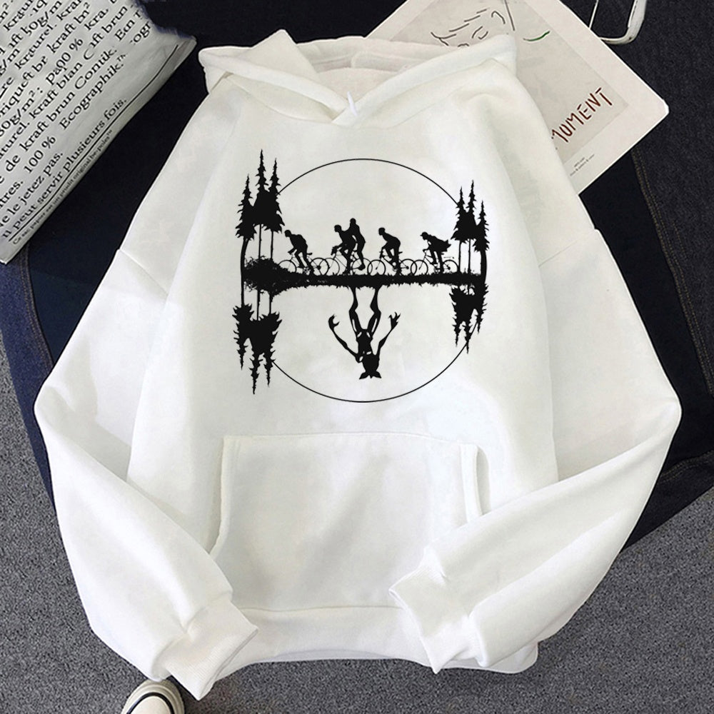 White Stranger Things hoodie bike gang and Demogorgon reflection, design printed on the front
