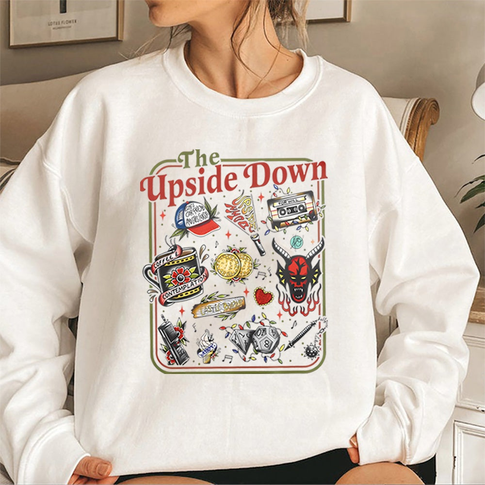 Stranger Things crewneck sweatshirt The Upside Down cult objects white, objects from the show as retro tattoos on the front