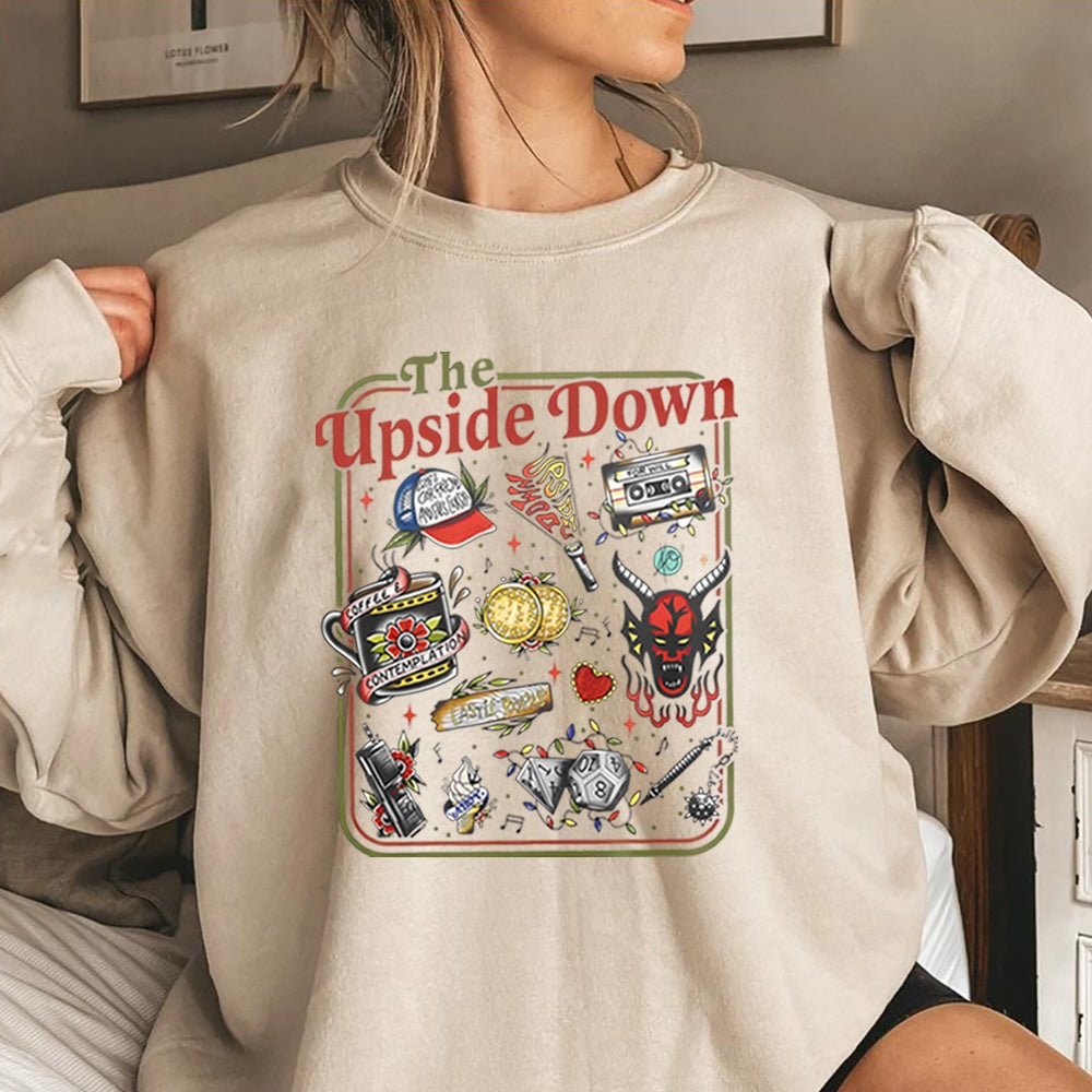 Stranger Things crewneck sweatshirt The Upside Down cult objects sand, objects from the show as retro tattoos on the front