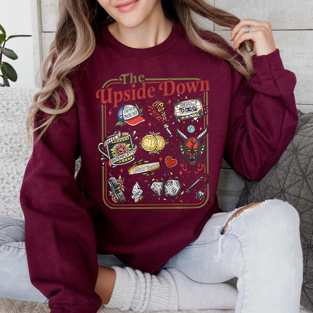 Stranger Things crewneck sweatshirt The Upside Down cult objects burgundy, objects from the show as retro tattoos on the front