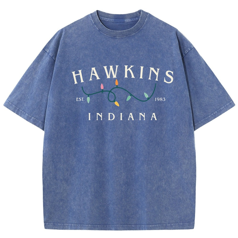 Men's washed T-shirt Stranger Things Hawkins Indiana lights – color blue