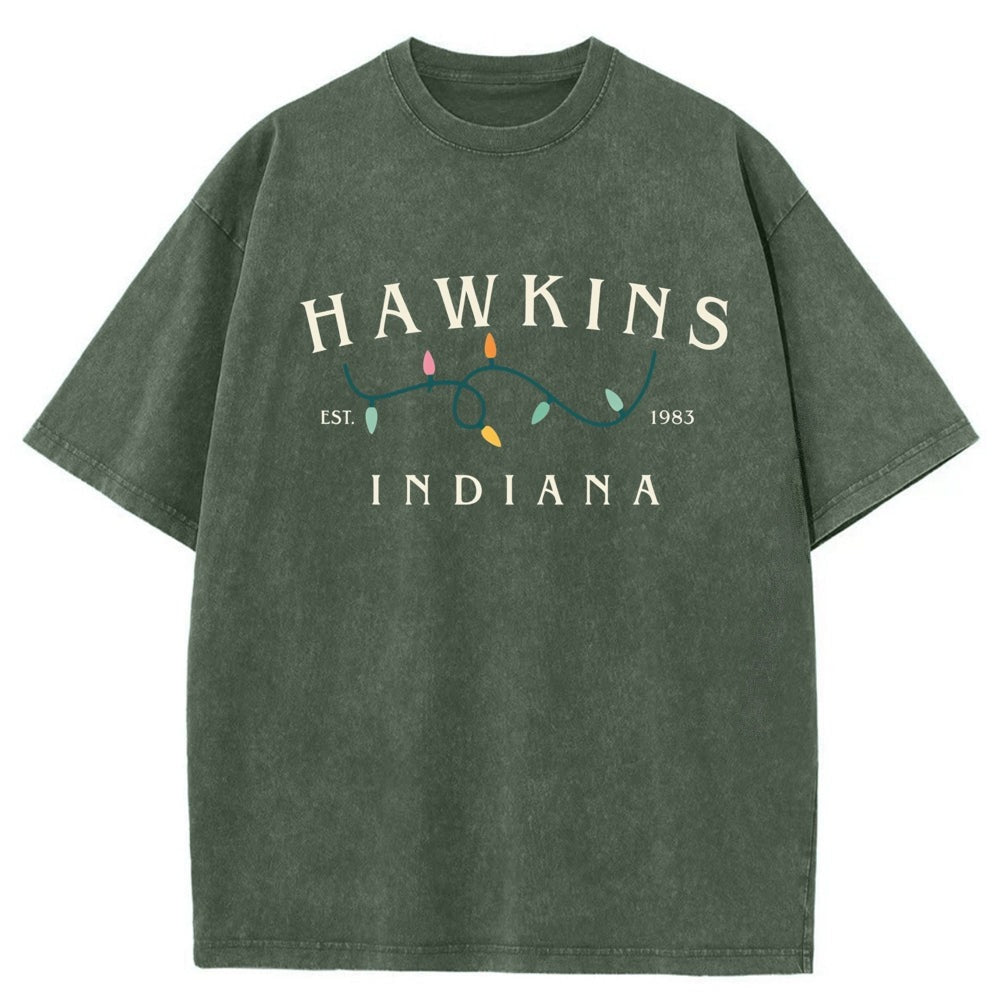 Men's washed T-shirt Stranger Things Hawkins Indiana lights – color khaki