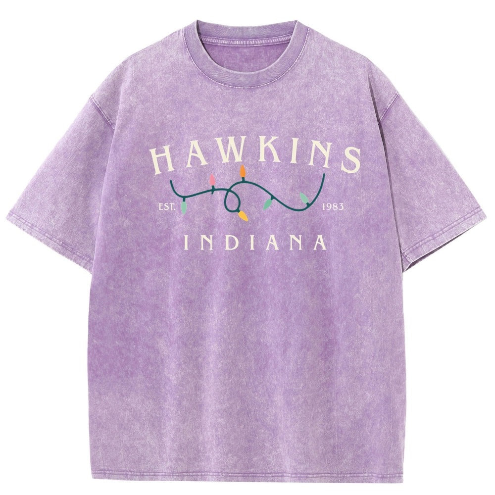 Men's washed T-shirt Stranger Things Hawkins Indiana lights – color lilac