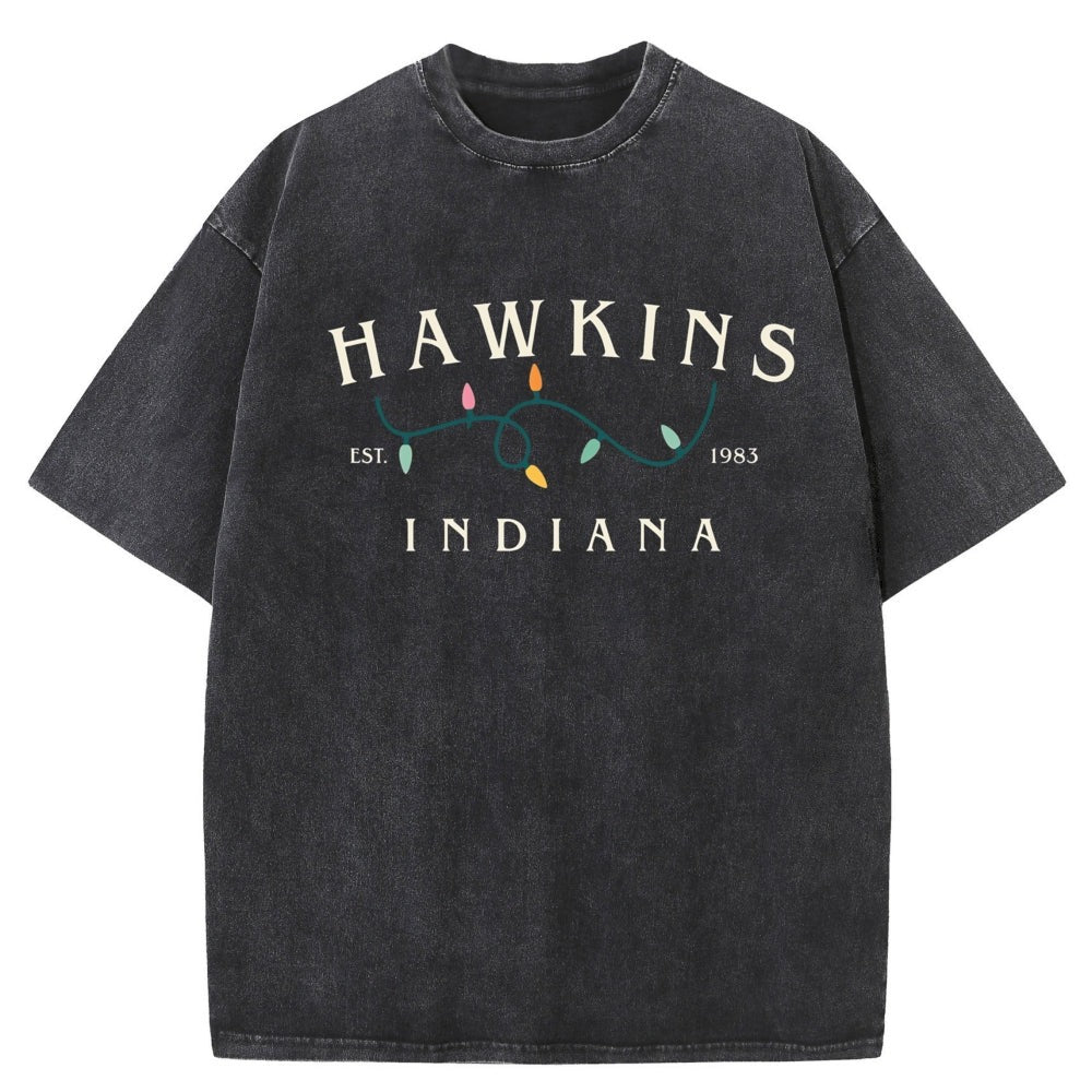 Men's washed T-shirt Stranger Things Hawkins Indiana lights – color black