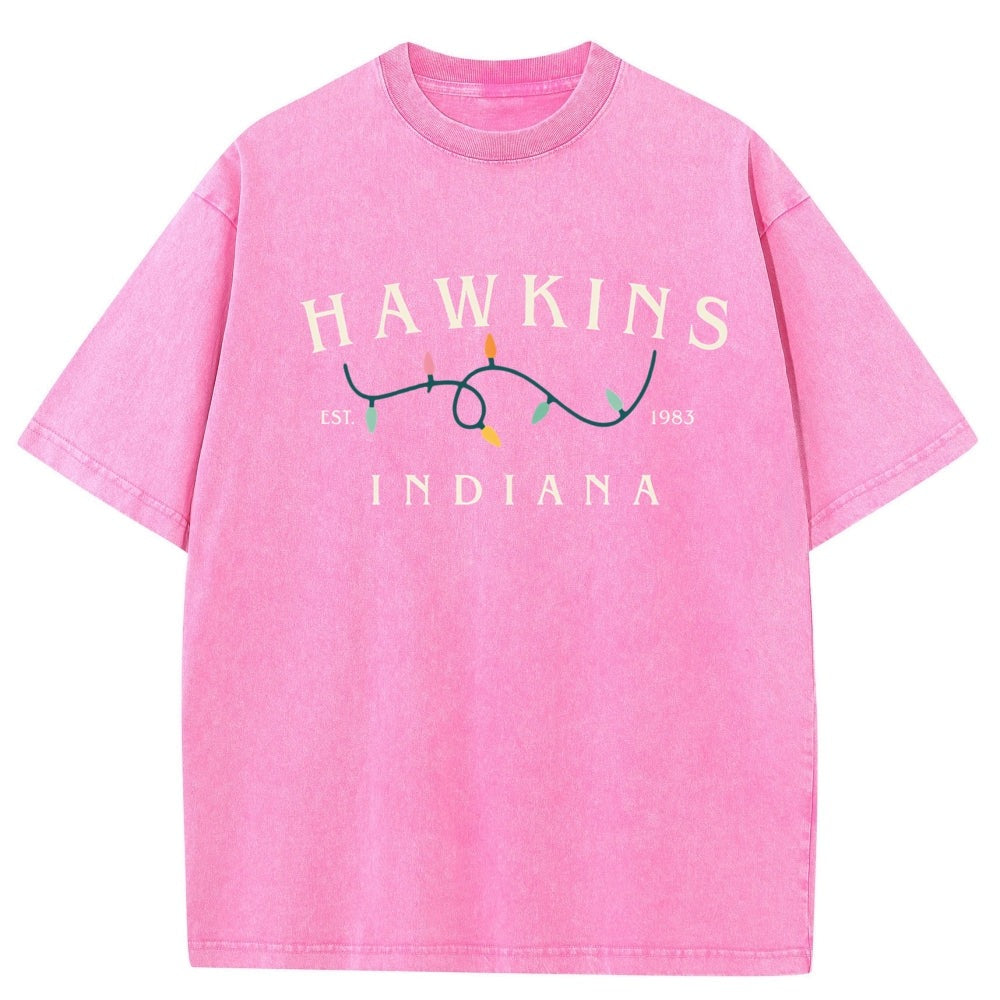 Men's washed T-shirt Stranger Things Hawkins Indiana lights – color pink