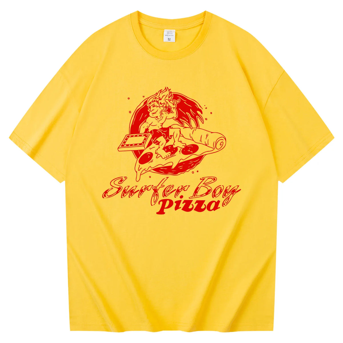 Yellow Stranger Things Surfer Boy Pizza T-shirt, red logo of Argyle's pizza place on the front