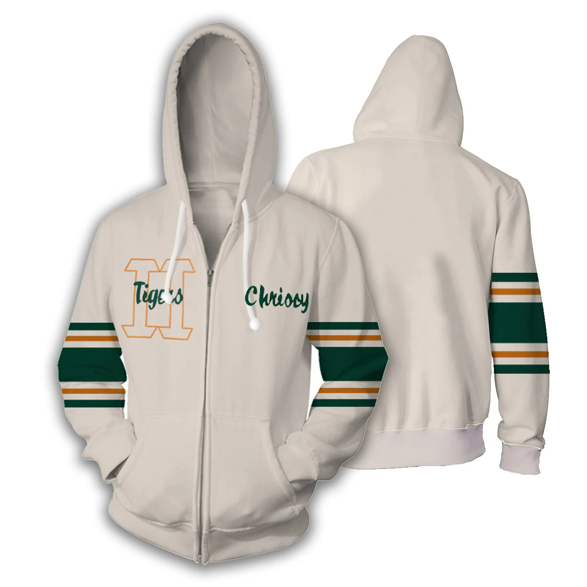 Stranger Things Chrissy cosplay zip-up hooded jacket, cream with green and orange striped sleeves, front and back