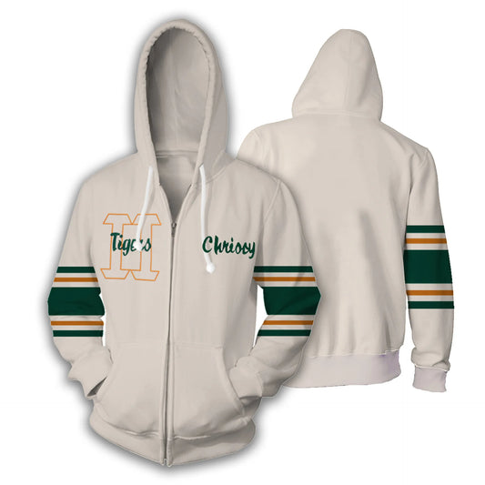 Stranger Things Chrissy cosplay zip-up hooded jacket, cream with green and orange striped sleeves, front and back