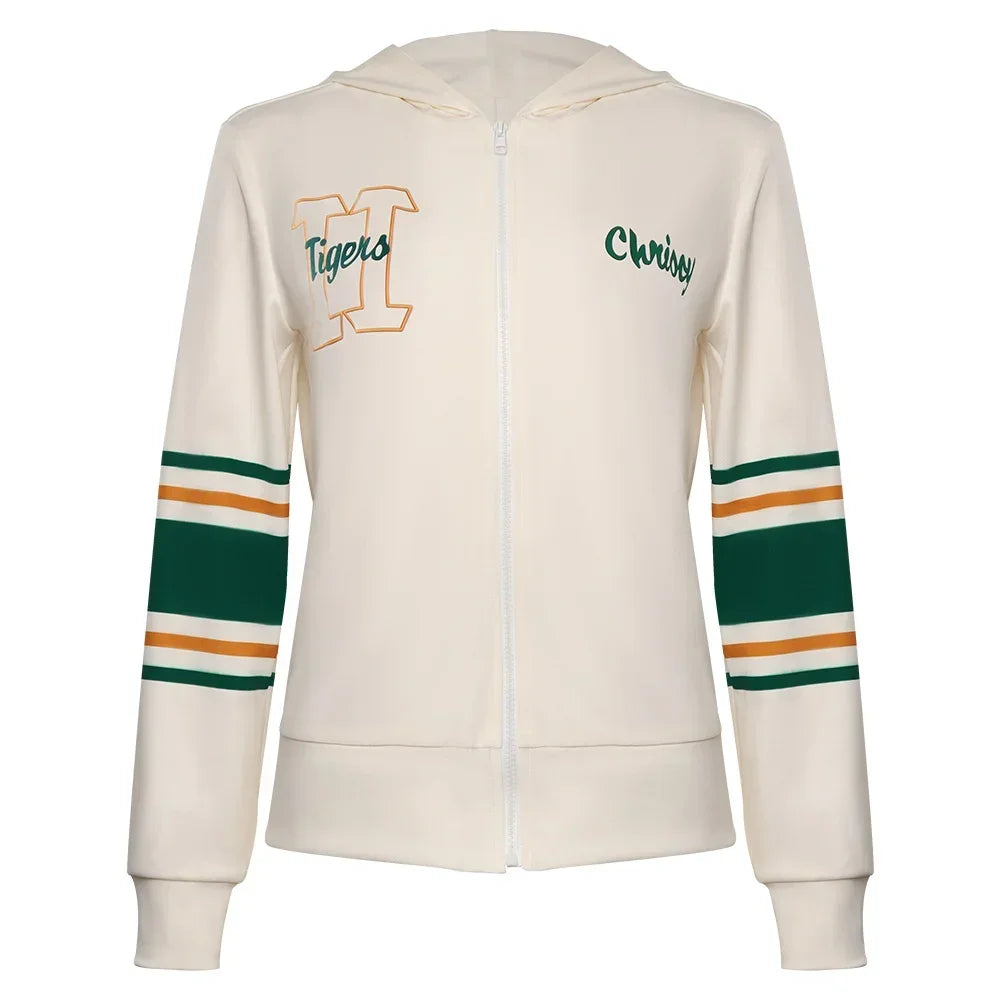 Chrissy Stranger Things zip-up jacket, front view, H Tigers and Chrissy embroidery