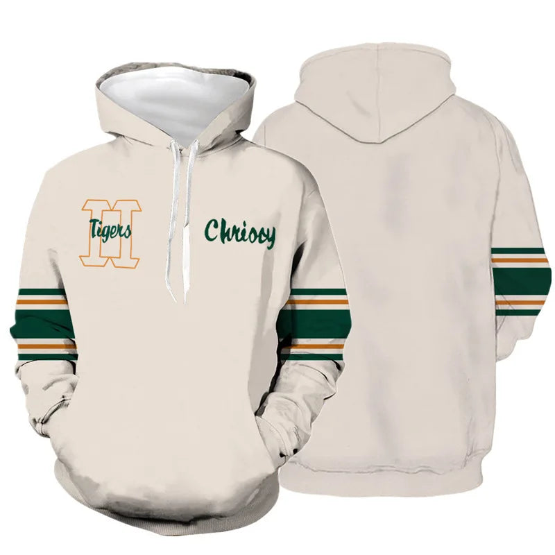 Stranger Things Chrissy cosplay pullover hoodie, cream with striped sleeves, front and back
