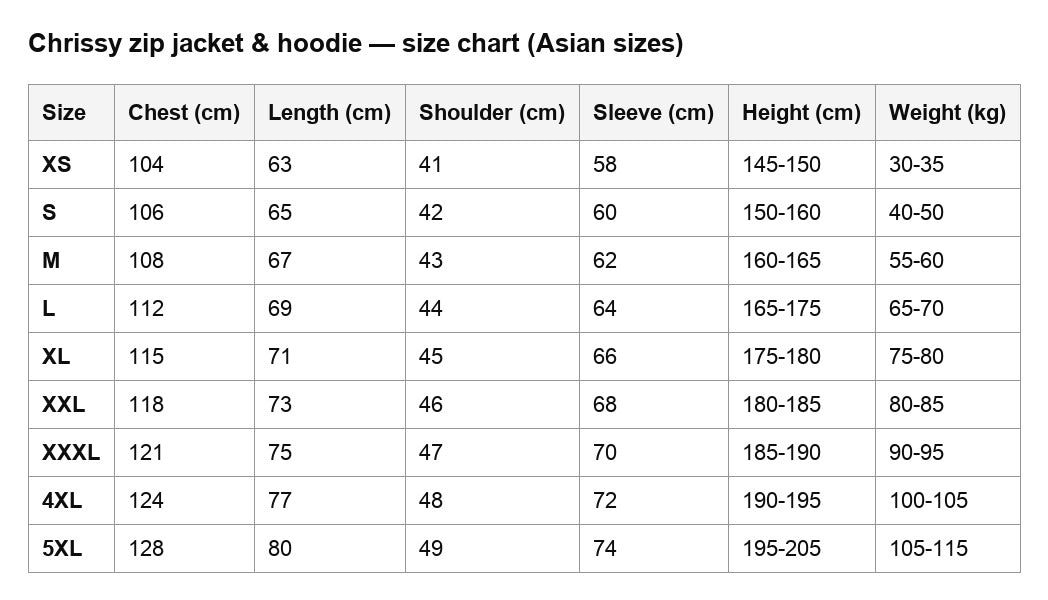 Size guide – Stranger Things Chrissy Cosplay Jacket Hawkins High Tigers