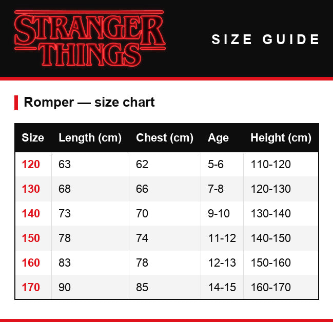 Size guide – Romper Stranger Things Eleven season 3