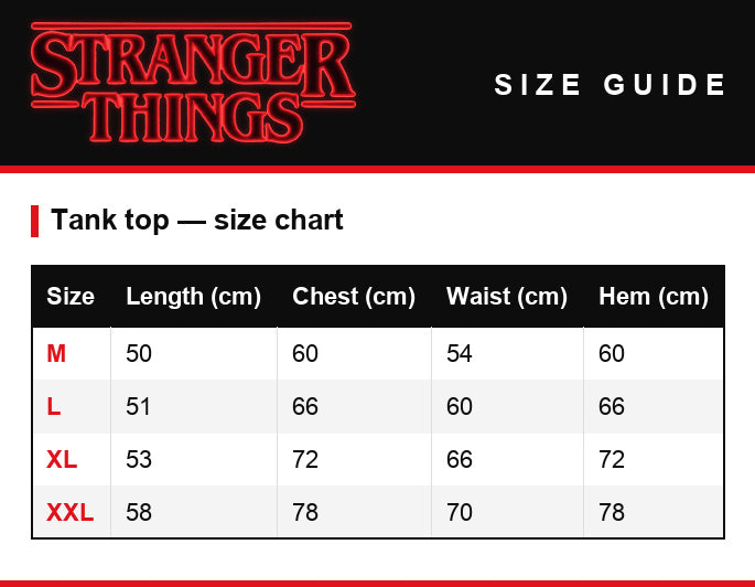 Size guide – Women's tank top Stranger Things Hawkins Middle School