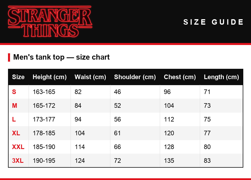 Size guide – Tank top Stranger Things Hawkins I.N.