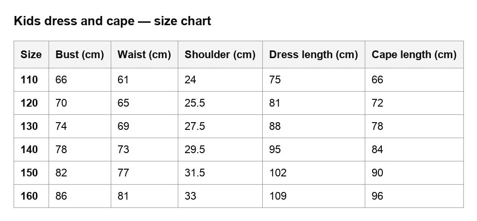 Size guide – Holly Wheeler cosplay blue dress and cape Stranger Things season 5 kids