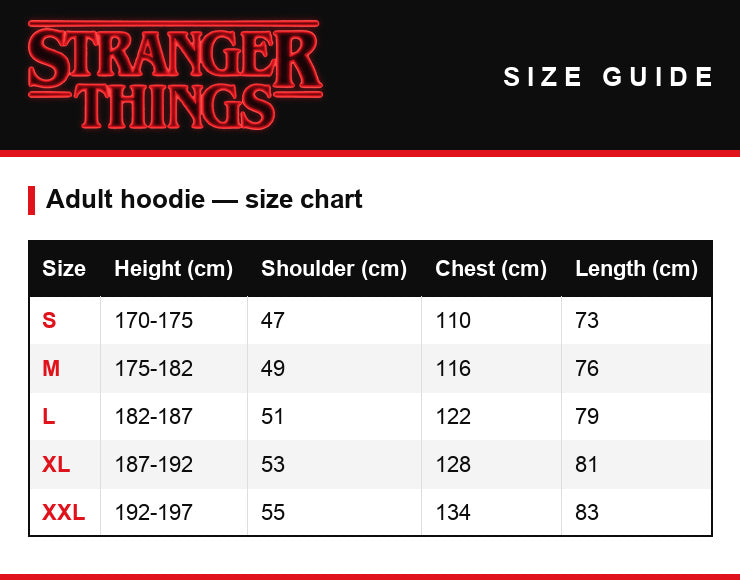 Size guide – Hoodie Stranger Things Very Merry Christmas upside down