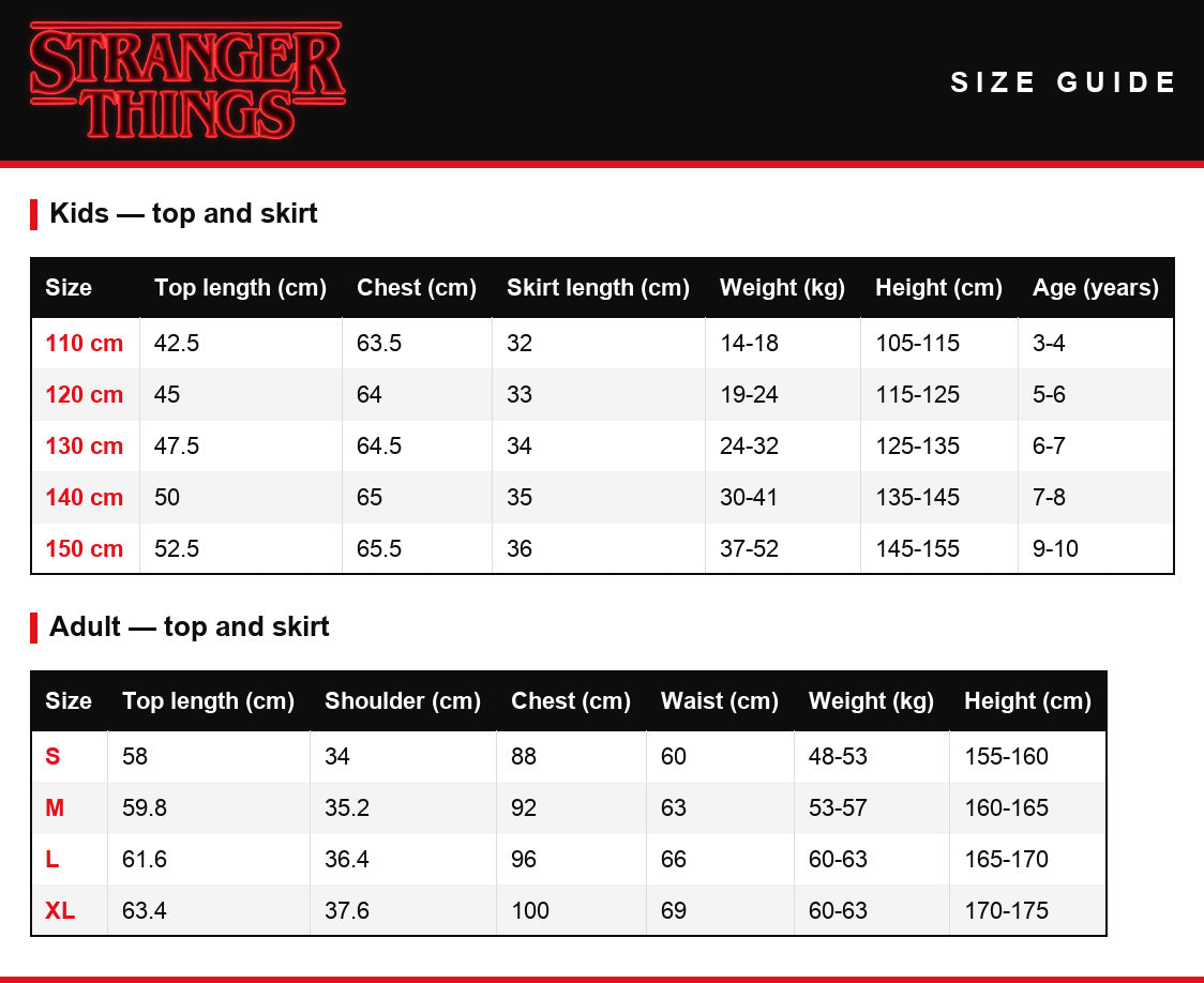 Size guide – Cheerleader set Stranger Things Hawkins High complete