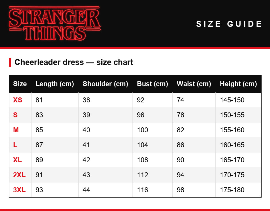 Size guide – Cheerleader dress Stranger Things Hawkins High