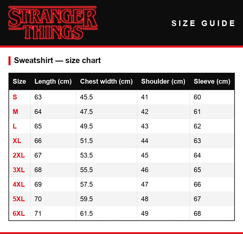 Size guide – Oversized sweatshirt Stranger Things Hawkins Strange School 1983